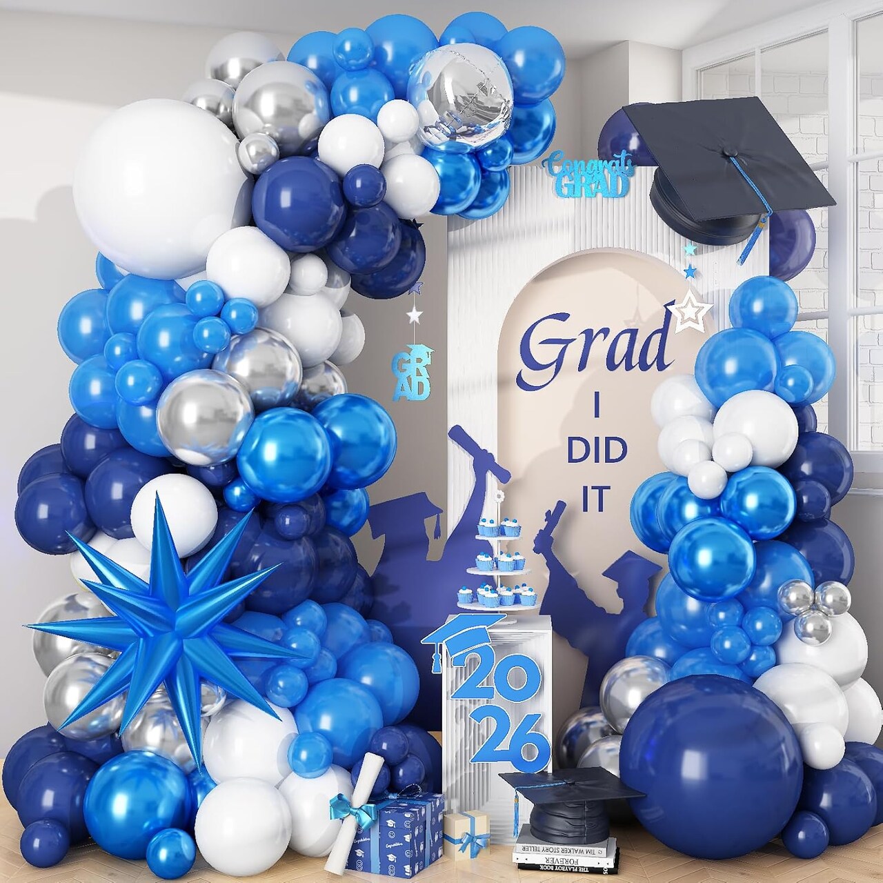 Graduation Balloon Arch Kit 2026 Blue White Silver Balloon Garland with Star Foil Balloons for Congrats Grad, Prom, Retirement, Wedding, Birthday & Baby Shower Decorations